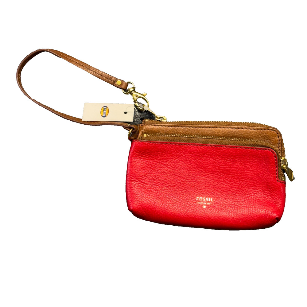 Fossil Sofia Wristlet NWT Real Red Camel Colorblock Dual Zip Leather $70 Retail